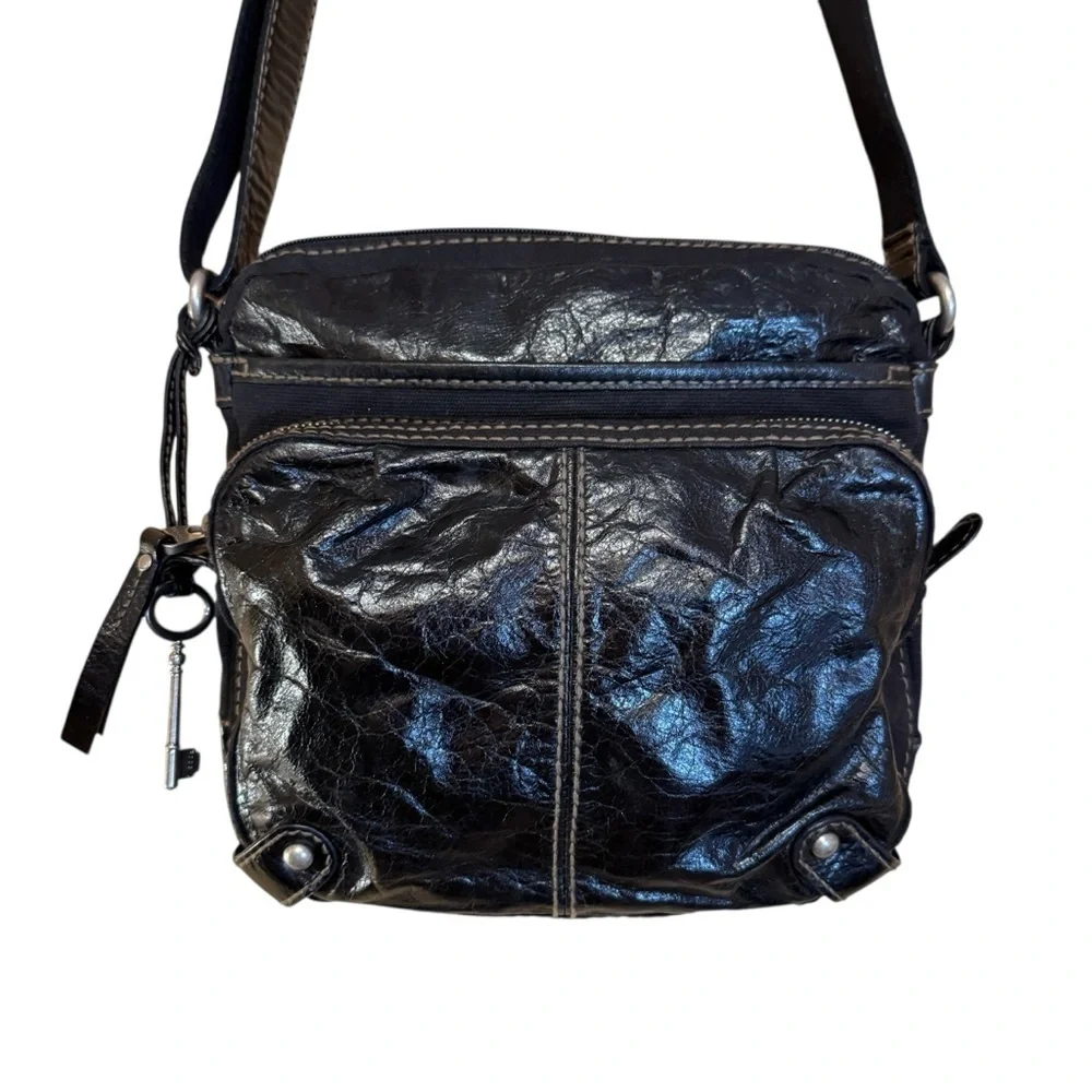 Fossil Women Black Leather And Canvas Crossbody Shoulder Bag Adjustable Strap